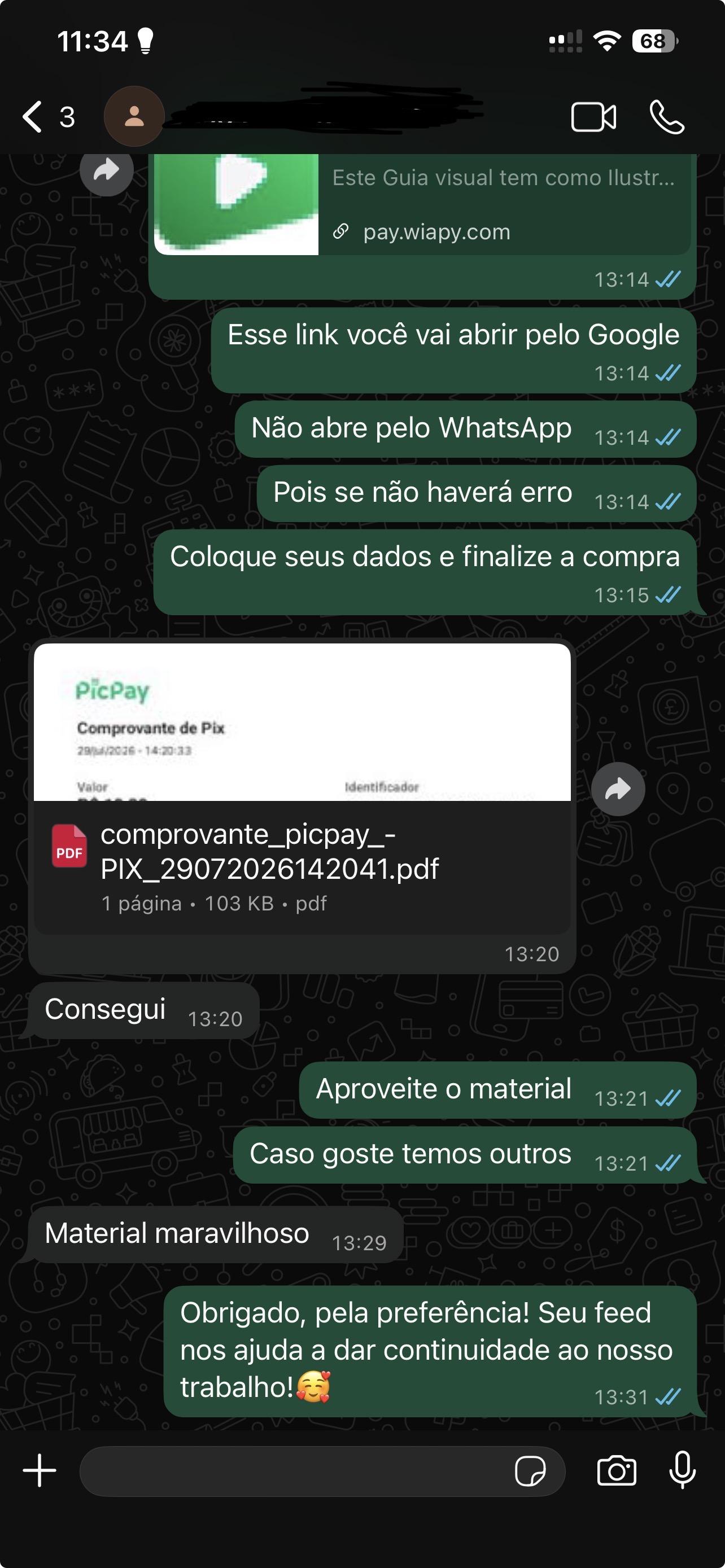 Depoimento real de cliente no WhatsApp falando que o material é maravilhoso