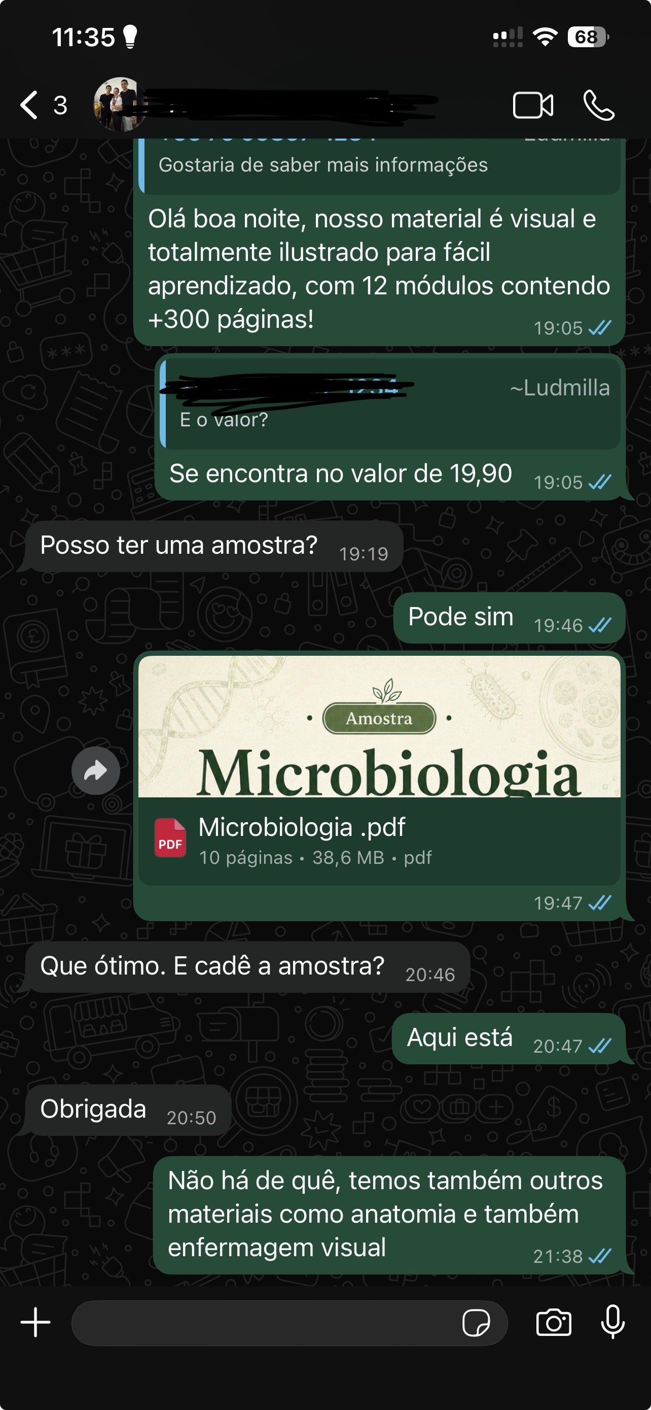 Depoimento real de cliente no WhatsApp pedindo amostra do material
