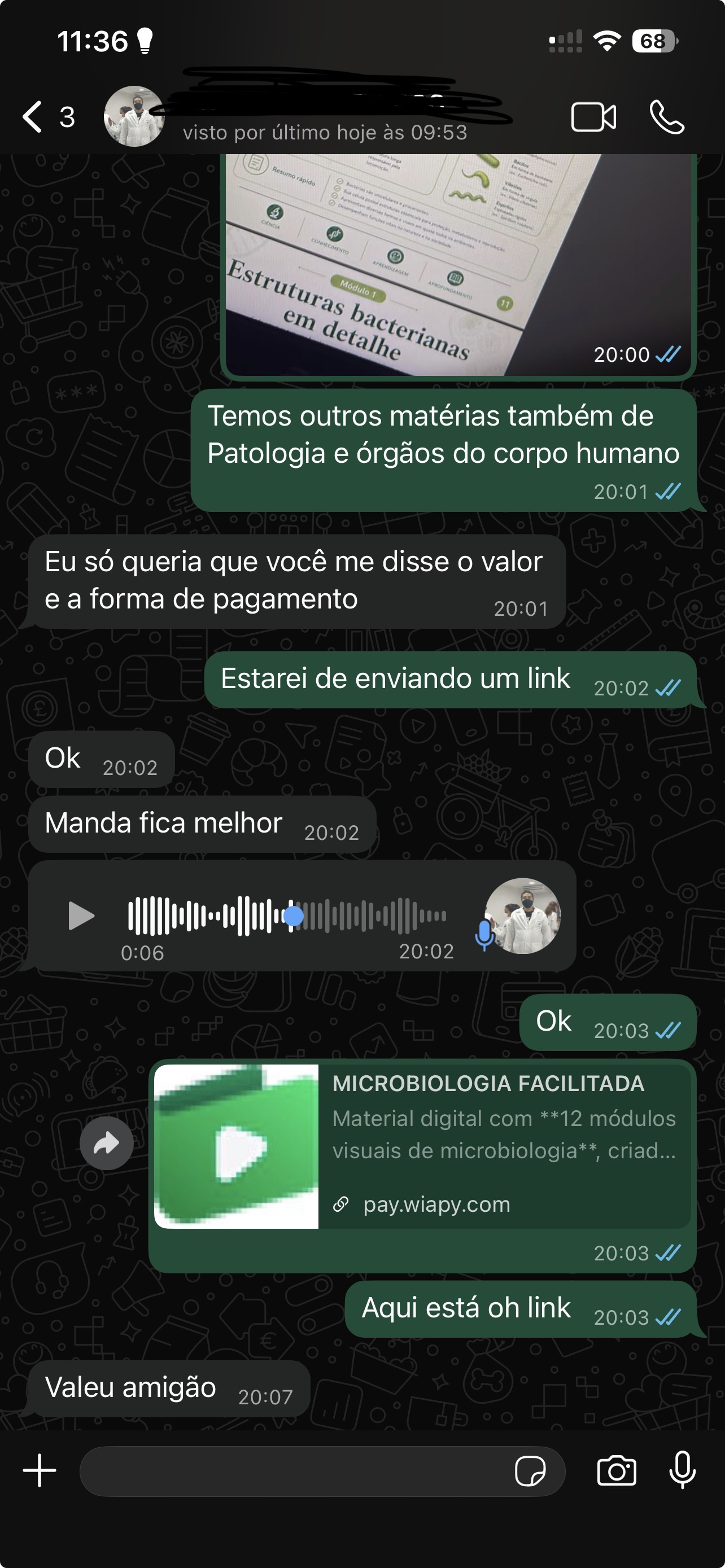 Depoimento real de cliente no WhatsApp pedindo valor e forma de pagamento